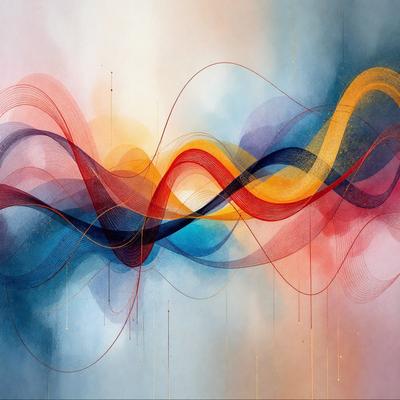 The primary subject of the image is a painting featuring a series of colorful, curved lines. The setting is a white background, and the visual style appears to be a combination of digital art and illustration. The painting is predominantly blue, with some red and yellow accents, creating a vibrant and lively atmosphere.